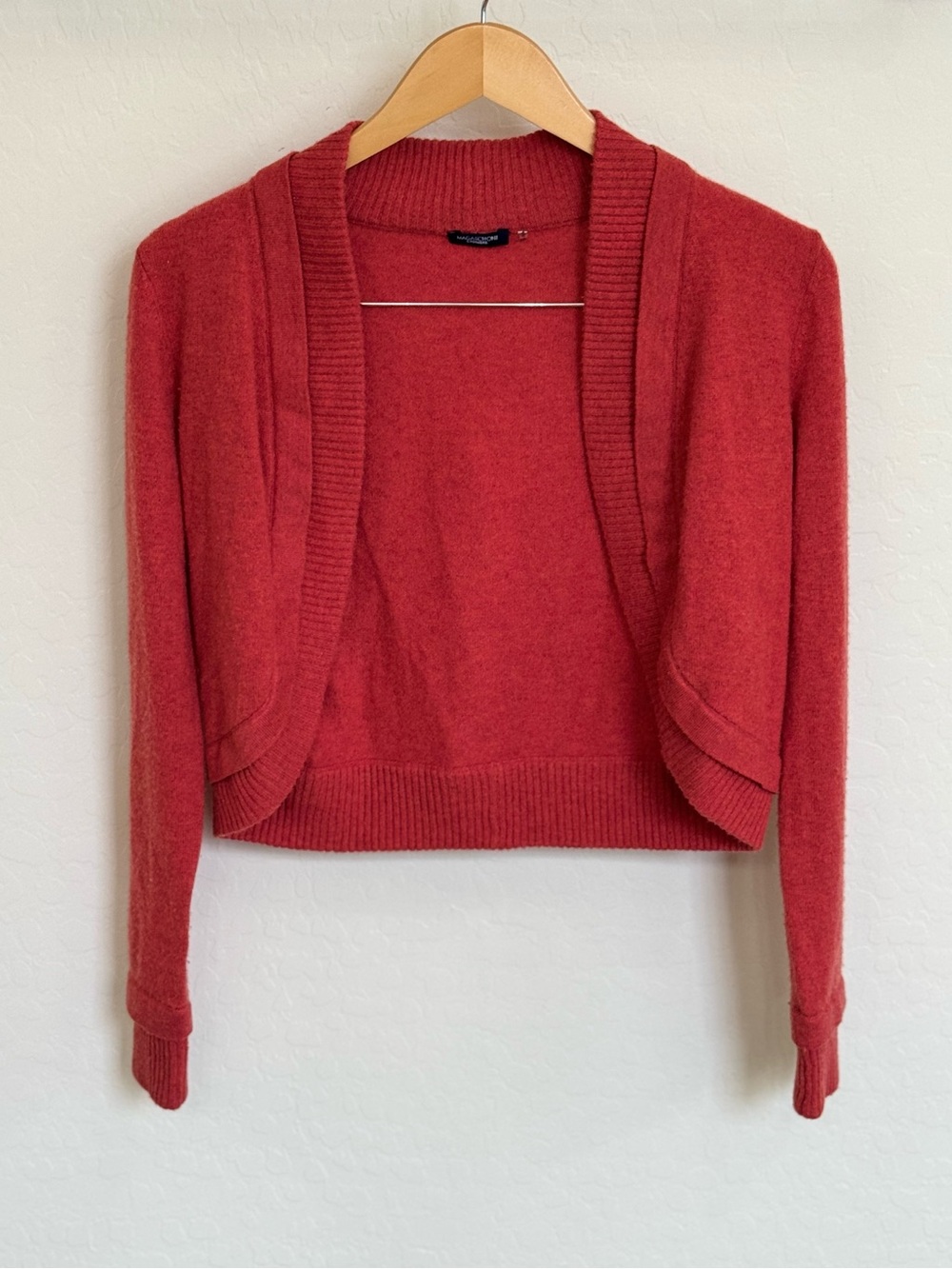 Magaschoni 100% Cashmere Open Front Cropped Bolero Shrug Cardigan Sweater Red M